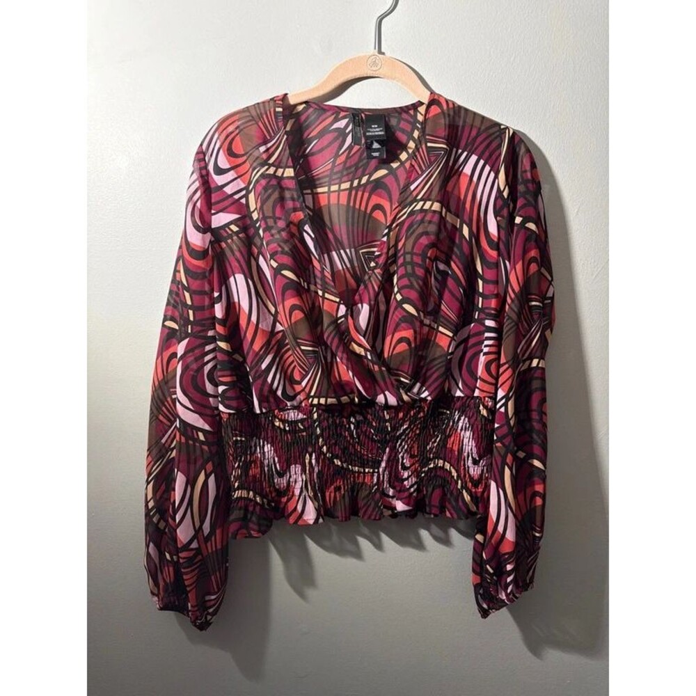 VTG Y2K Bisou Bisou Abstract Swirl Smocked Waist Blouse Size M